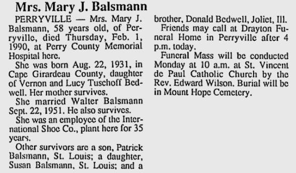 Balsmann, Mary J. (nee Bedwell)