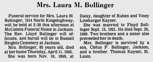 Bollinger, Laura M. (nee Kayser)