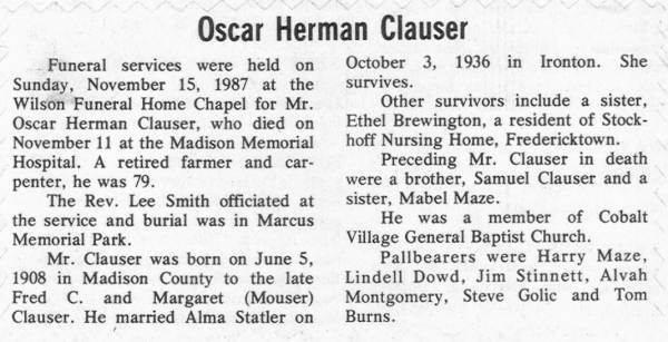 Obituary for Oscar Herman Clauser