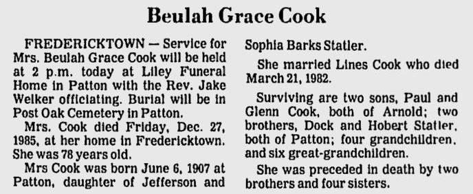 Cook, Beulah Grace (nee Statler)