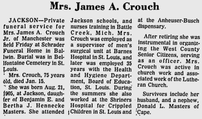 Crouch, Mrs. James A. (nee Masters)