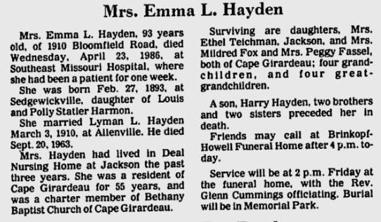 Hayden, Emma L. (nee Harmon)