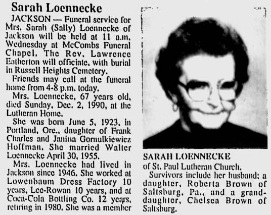 Loenneke, Sarah "Sally" B. (nee Hoffman)