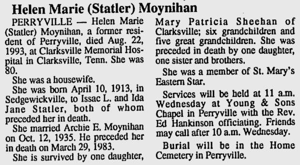 Moynihan, Helen Marie (nee Statler)