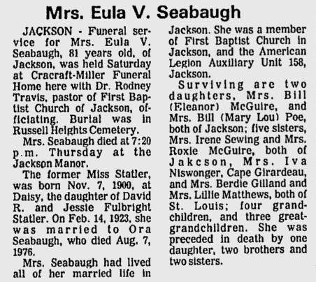 Seabaugh, Eula Vanilla (nee Statler)