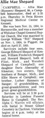 Obit - Allie Mae Shepard (nee Hanners)