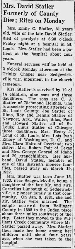 Statler, Emily Catherine (nee Limbaugh)