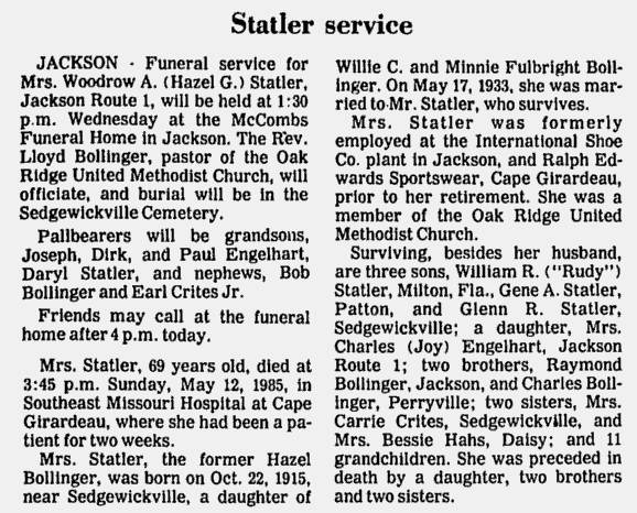 Statler, Hazel Gladys (nee Bollinger)