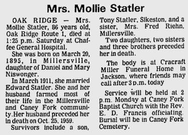 Statler, Mollie (nee Niswonger)